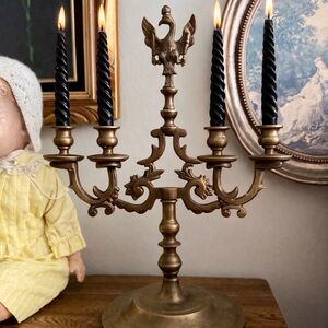 Antique 4-Arm Solid Brass Candelabra with Eagle Finial
